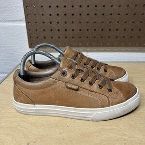 Taos Plim Soul Lux Caramel Brown Leather Sneakers Womens Size 8.5 Casual Shoes